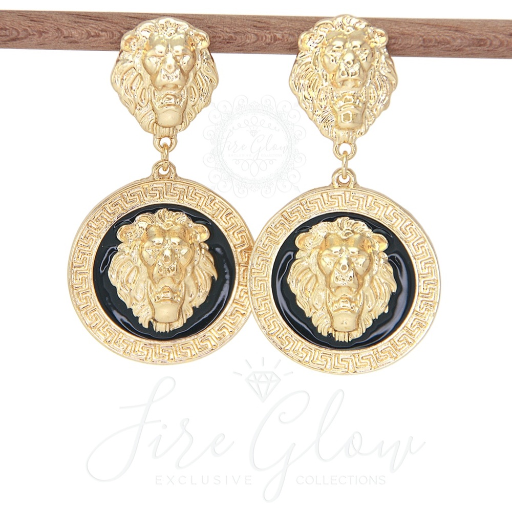 Black and Gold Tone Framed Lion Earrings - Picture 6 of 9